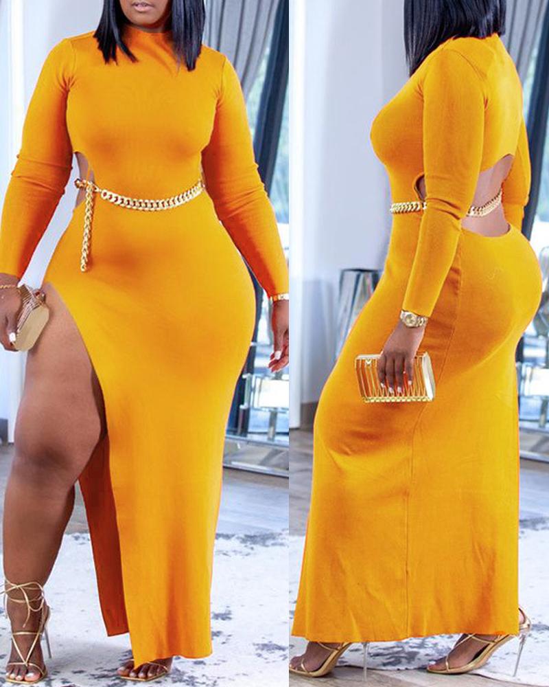 

Plus Size Long Sleeve Cutout High Slit Bodycon Dress, Yellow