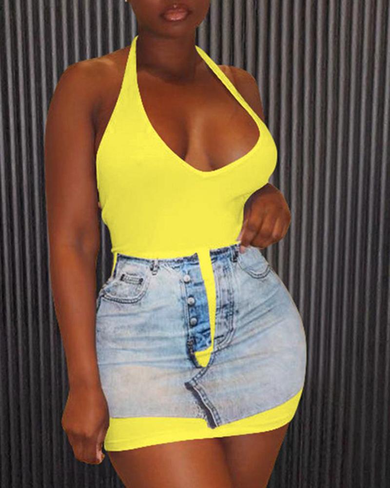 

Plus Size Halter Sleeveless 2 In 1 Bodycon Dress, Yellow