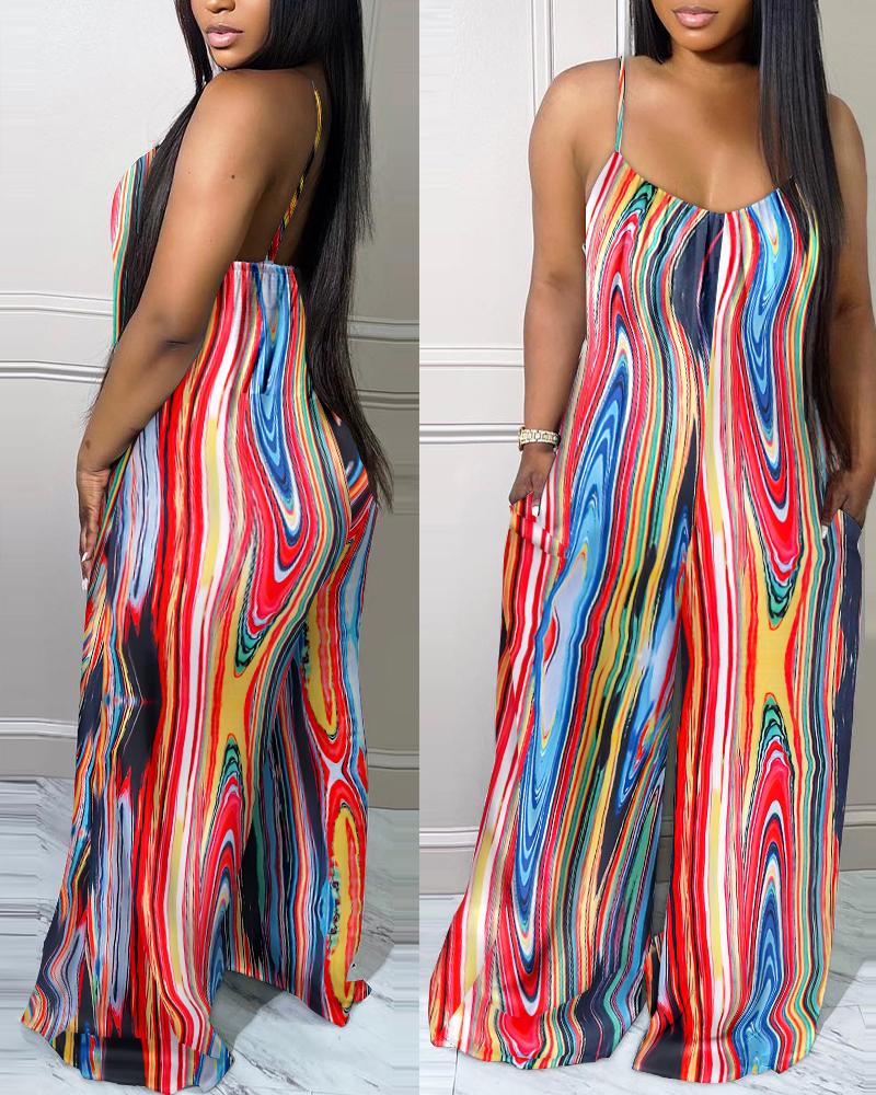 

Abstract Print Spaghetti Strap Wide Leg Jumpsuit, Multicolor