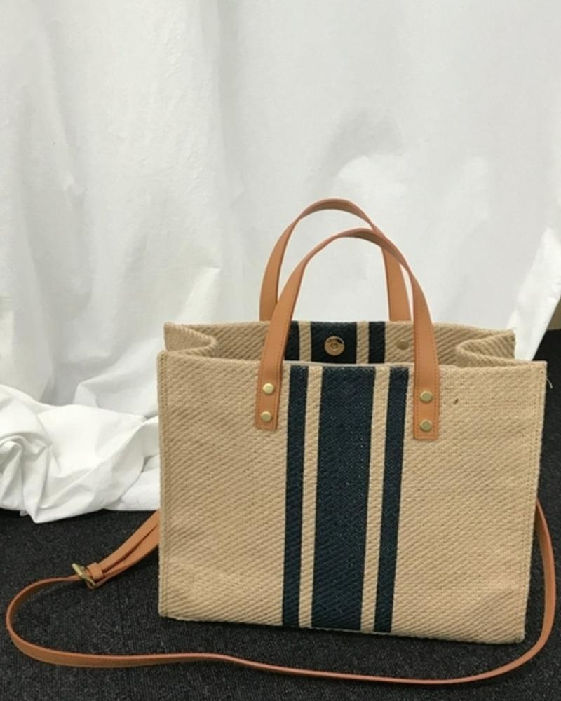 

Contrast Paneled Top Handle Work Elegant Canvas Tote Bag, Black