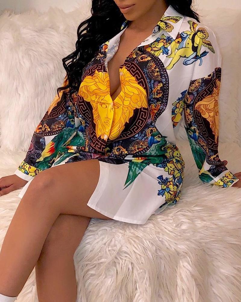 

Long Sleeve Graphic Print Button Design Top, White