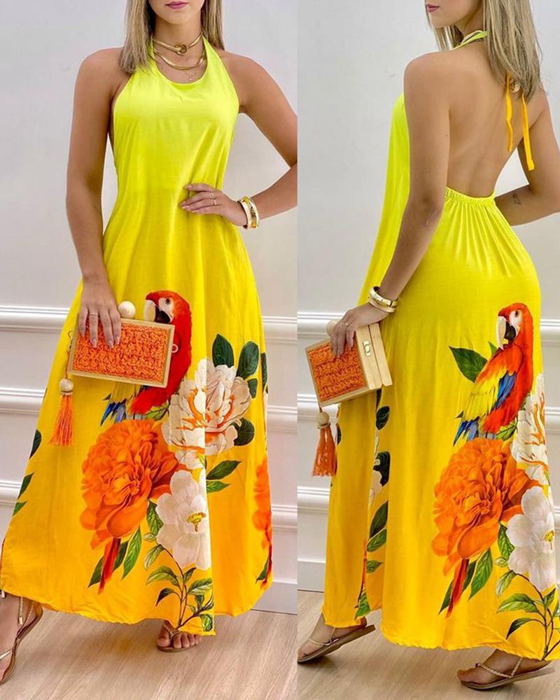 

Floral Bird Print Ombre Casual Dress, Yellow