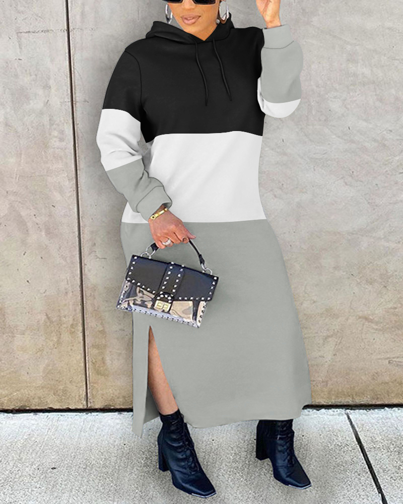 

Robe Sweat à Capuche Fendue en Blocs de Couleurs de Grande Taille, Gray