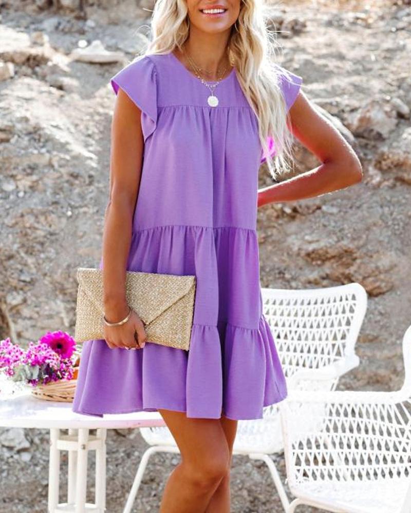 

Flutter Sleeve Ruffle Hem Flowy Swing Dress, Purple