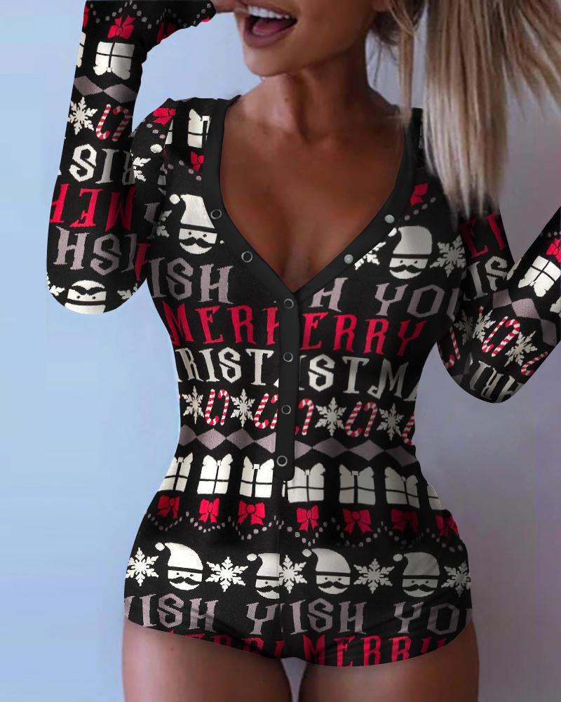

Christmas Plunge Button Long Sleeve Romper, Black
