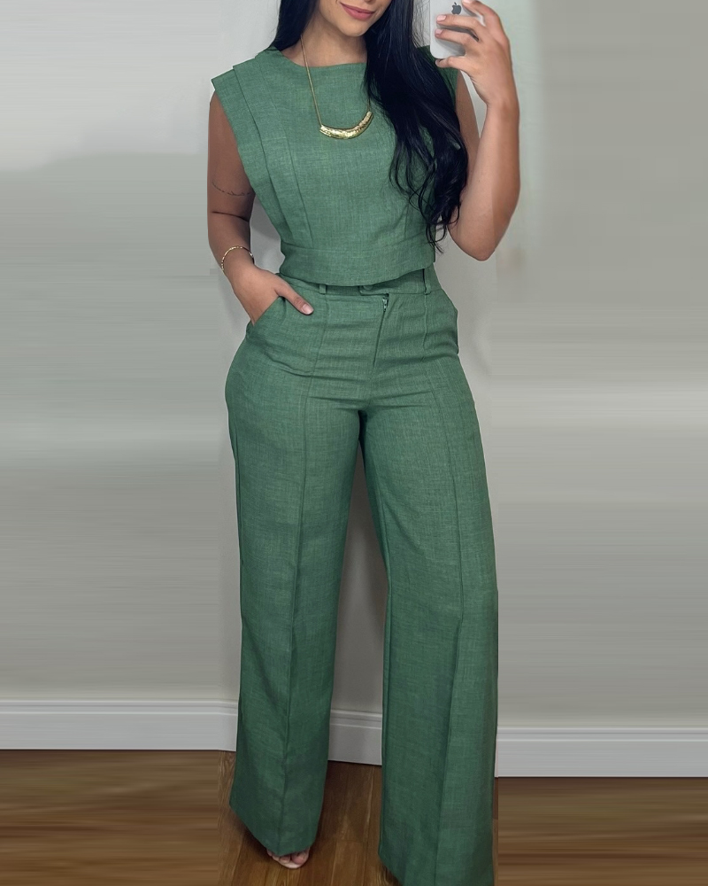 

2 Pieces Outfit 3D Cutting Decor Design Cap Sleeve Hollow-out Back Crop Top and Casual Zipper Fly Seam Front Straight Pants Set, Green