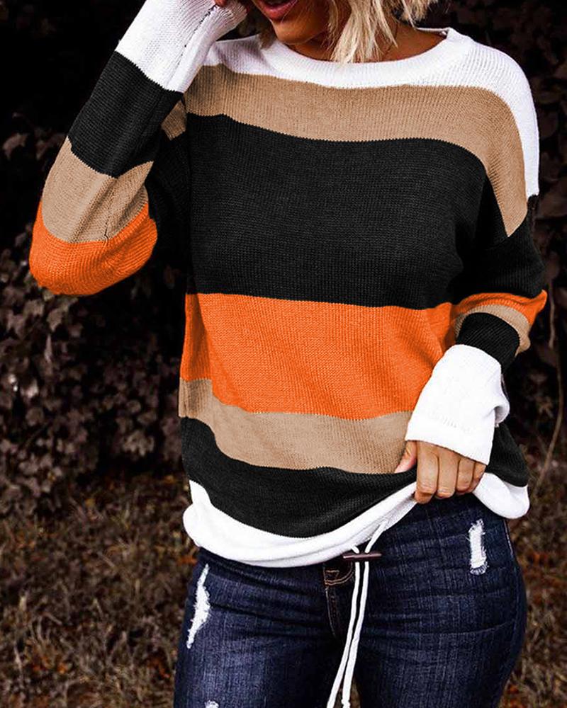 

Striped Print Colorblock Drawstring Long Sleeve Sweater, Orange