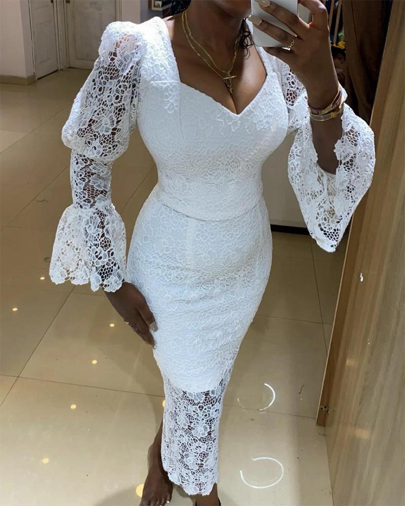 

Puff Bell Sleeve Crochet Lace Party Dress, White