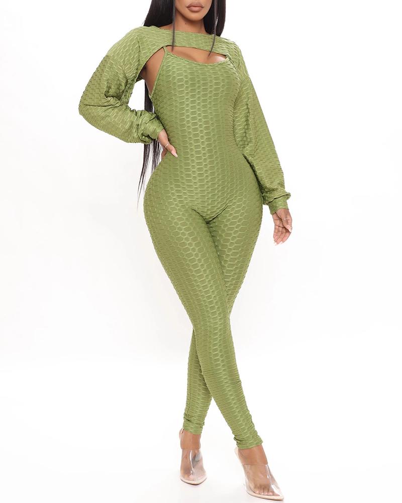 

Bubble Textured Jumpsuit With Lantern Sleeve Crop Top, Green