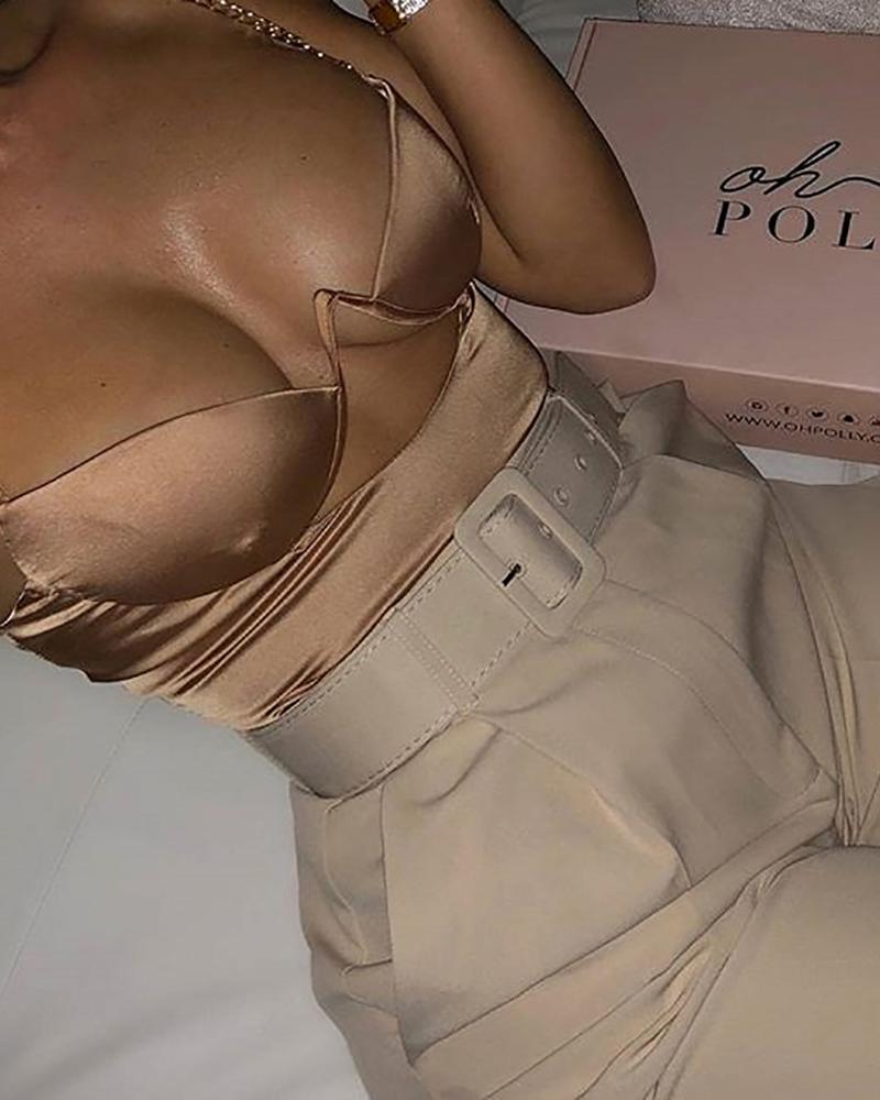 

Chain Spaghetti Strap Solid Bodysuit, Nude