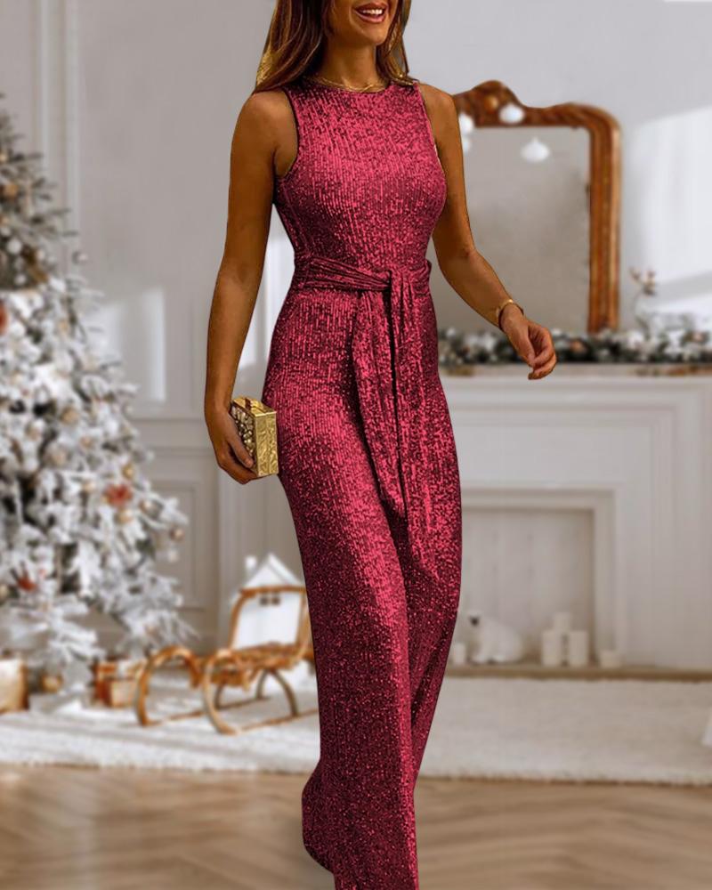 

Combinaison paillettes paillettes col rond sans manches dos nu, Red