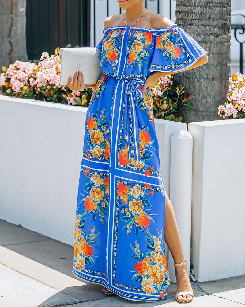 

Off Shoulder High Slit Bell Sleeve Floral Print Maxi Dress, Blue