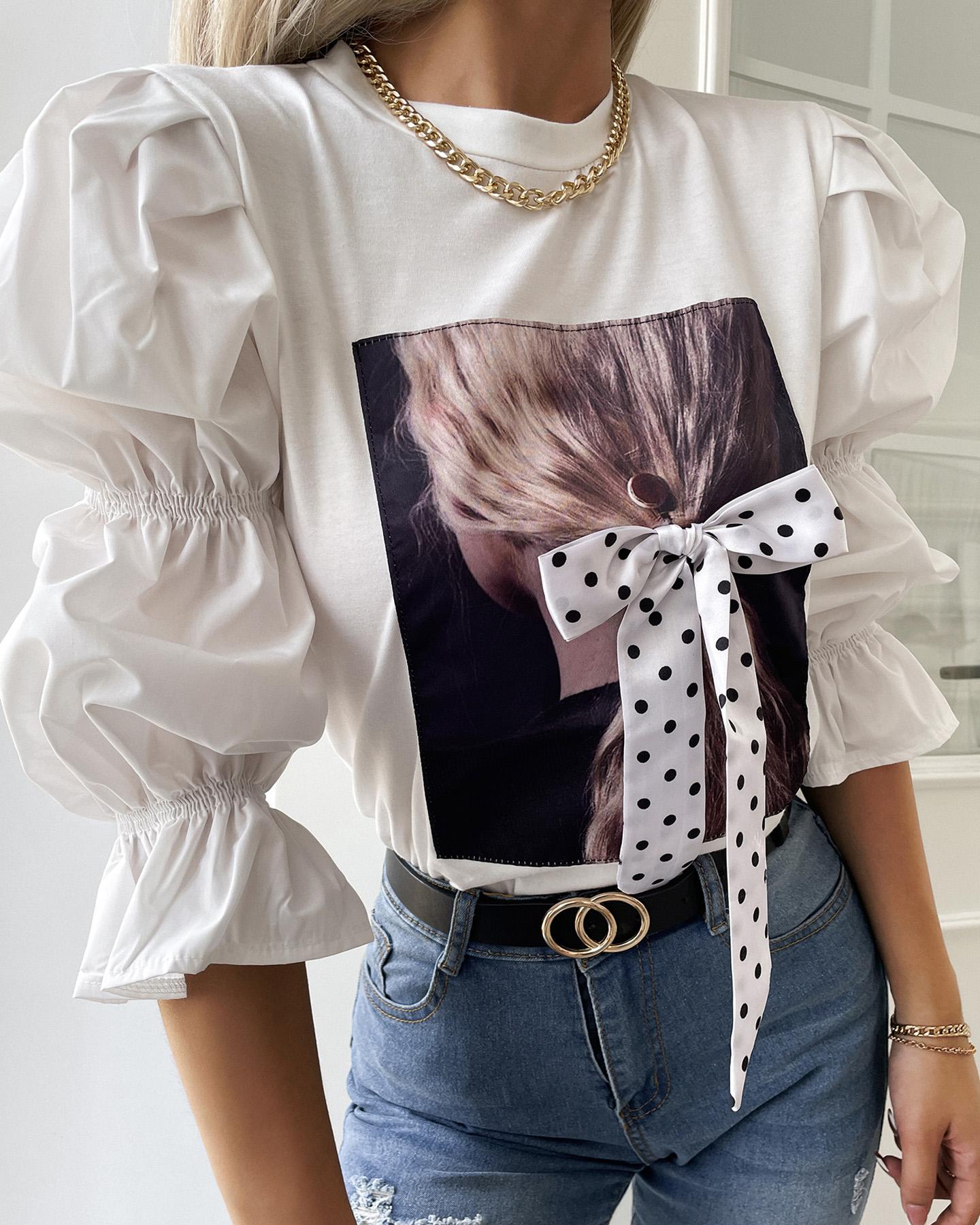 

Graphic Print Bowknot Decor Puff Sleeve Top, White
