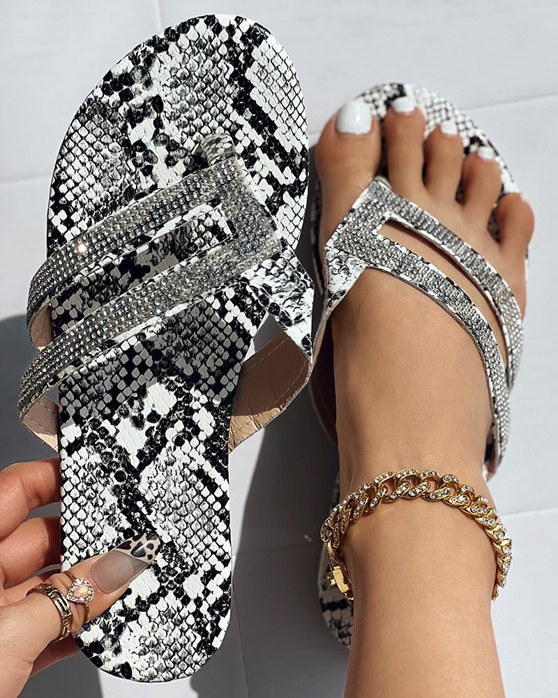 

Rhinestone Decor Toe Post Flip Flops, Snakeskin