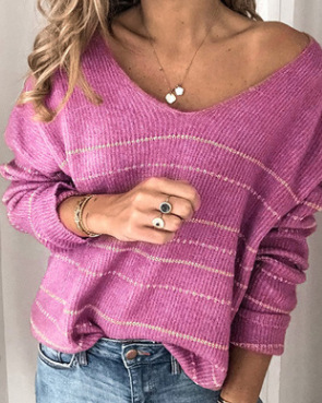 

Casual Striped V-neck Long Sleeve Top, Purple