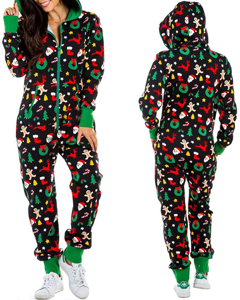 

Christmas Zipper Design Long Sleeve Hooded Lounge Jumpsuit, Dark green