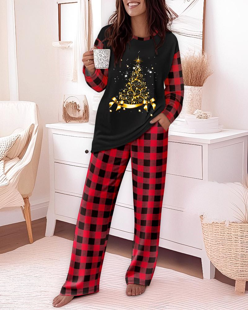 

Ensemble pyjama 2 pièces imprimé sapin de Noël, haut à manches longues et pantalon à taille élastique à carreaux, Black