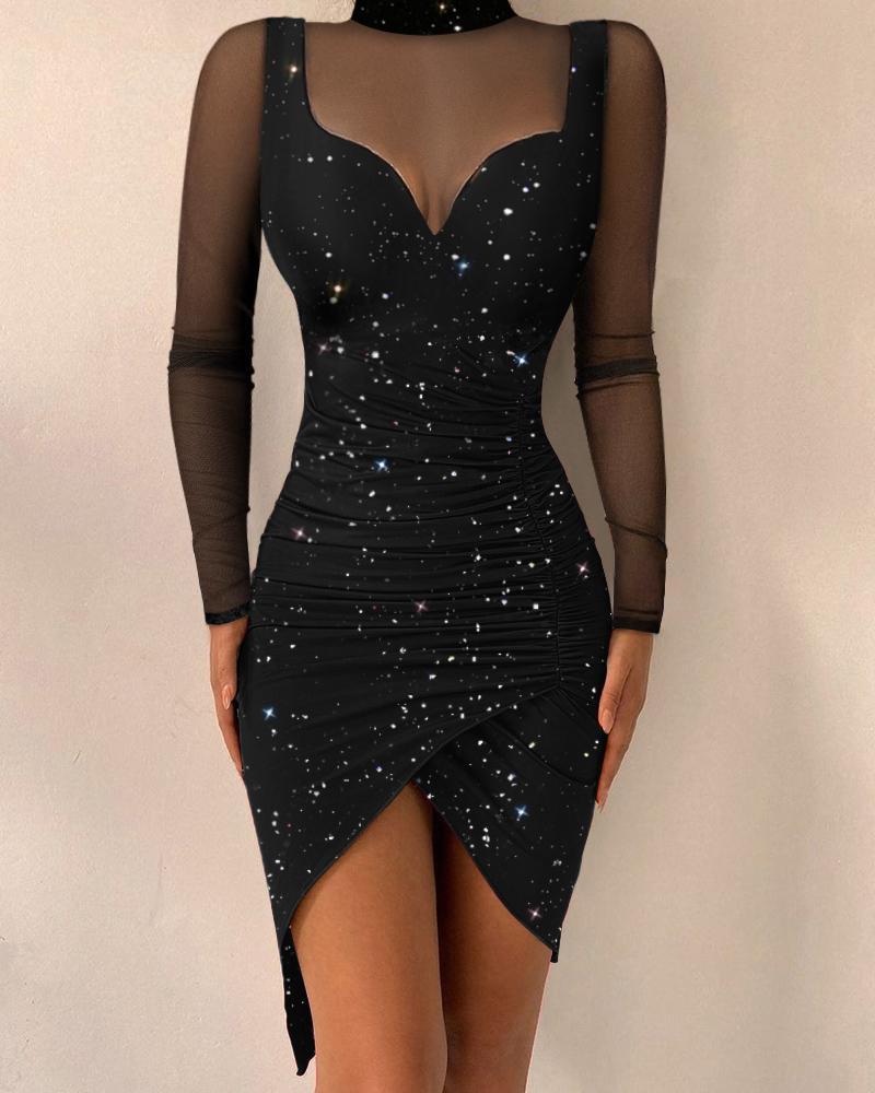 

Contrast Mesh Long Sleeve Ruched Glitter Bodycon Dress, Black