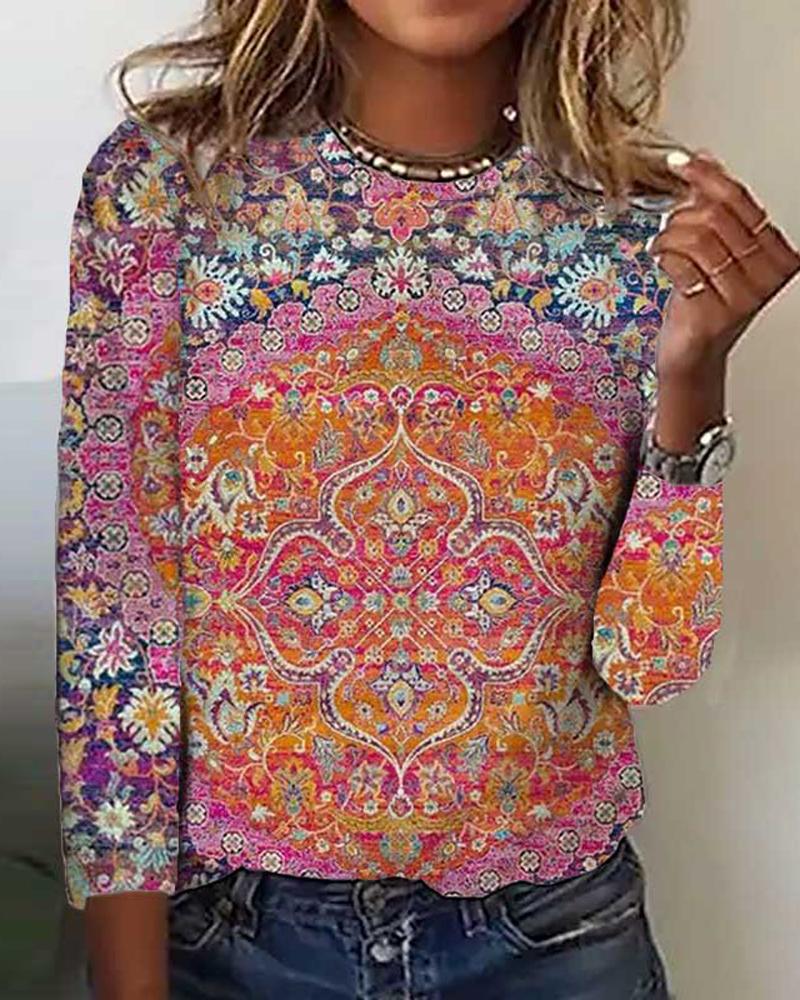 

Tribal Print Long Sleeve Casual Top, Multicolor