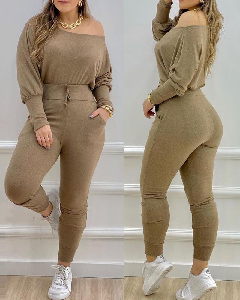 

Long Sleeve Top & Pocket Design Drawstring Pants Set, Khaki