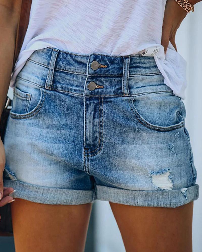 

High Waist Ripped Denim Shorts, Blue