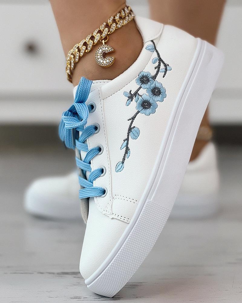 

Floral Embroidery Lace-up Sneakers, White&blue