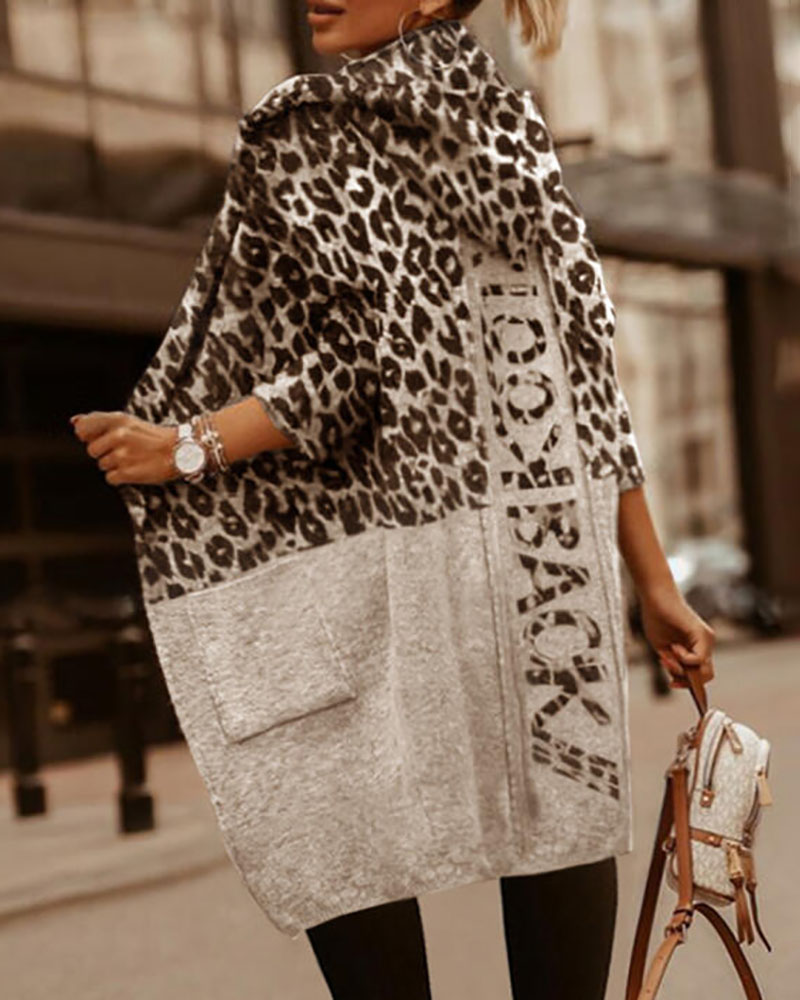 

Colorblock Cheetah Letter Print Pocket Design Hooded Coat, Gray