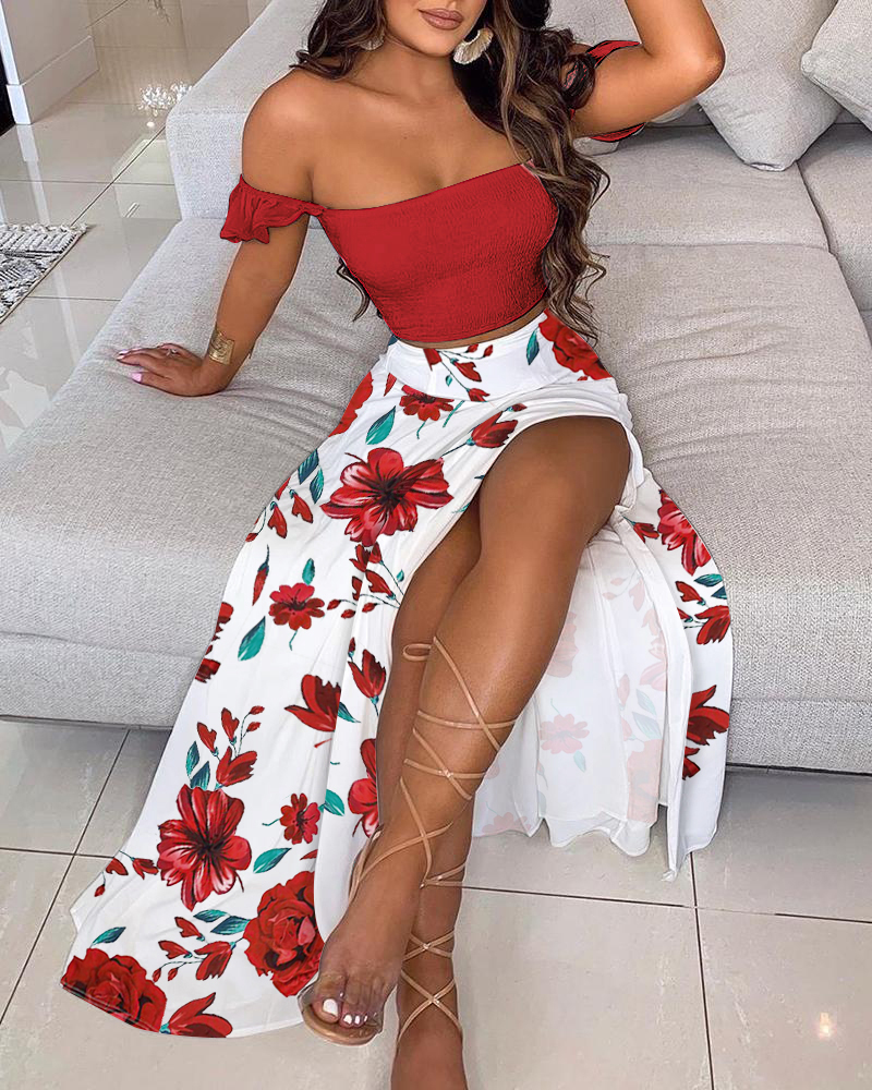 

Off Shoulder Ruffles Top & Floral Print High Slit Skirt Set, Red