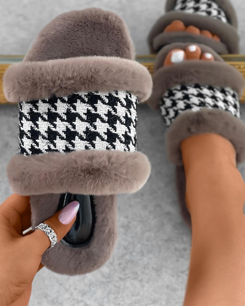 

Houndstooth Print Fluffy Slide Slipper, Brown