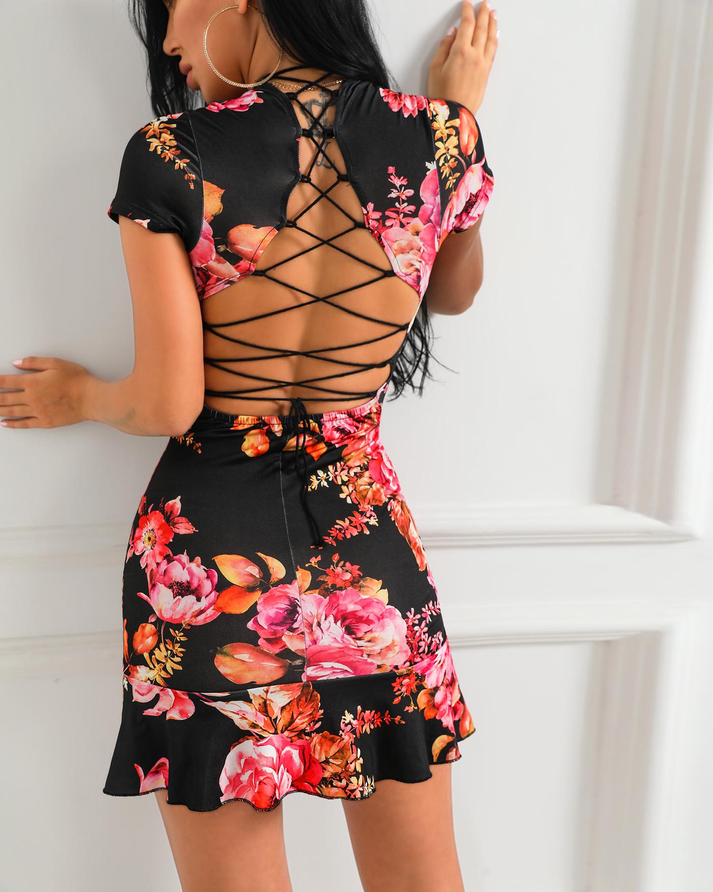 

Floral Print Lace-Up Back Ruffles Dress, Multicolor