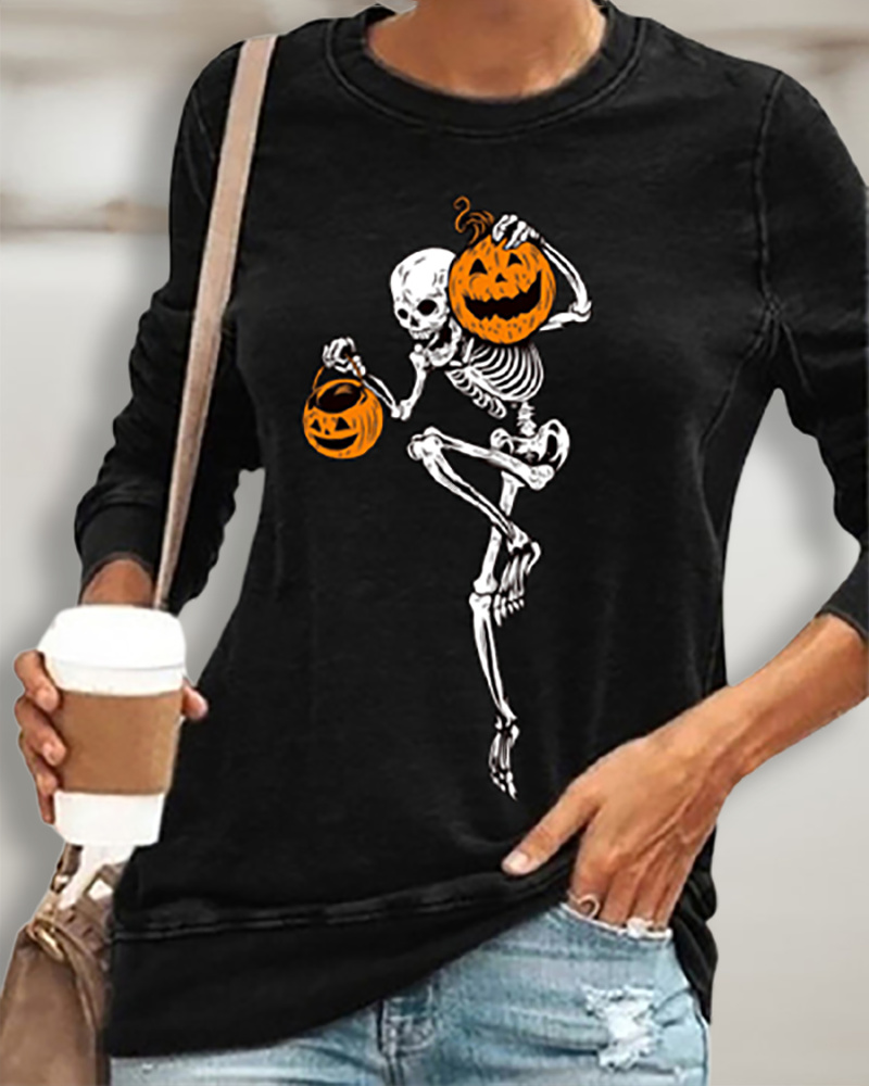 

Halloween Skull Skeleton Pumpkin Print Top, Black