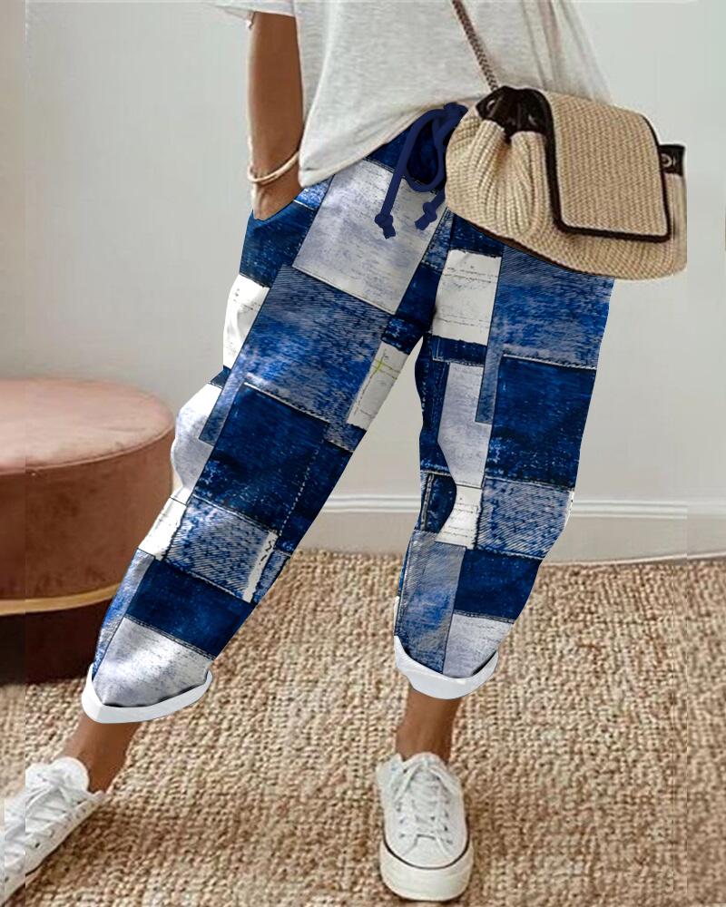 Denim Look Print Drawstring Cuffed Pants