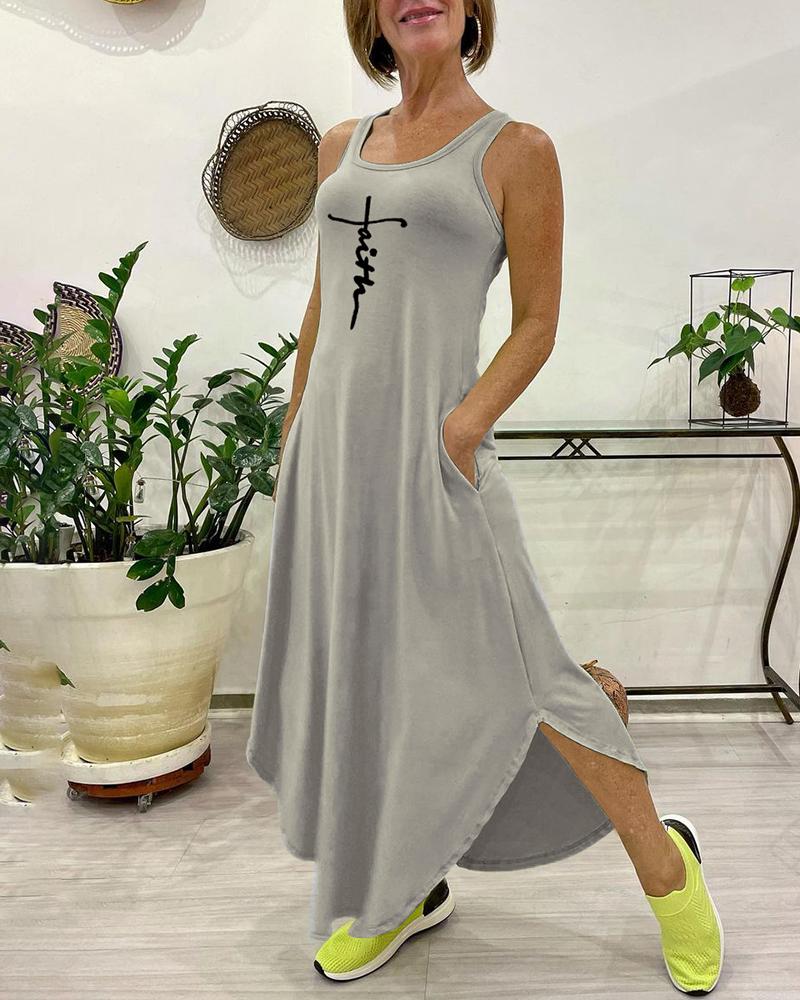 

U-Neck Pocket Design Letter Print Tank Dress, Gray