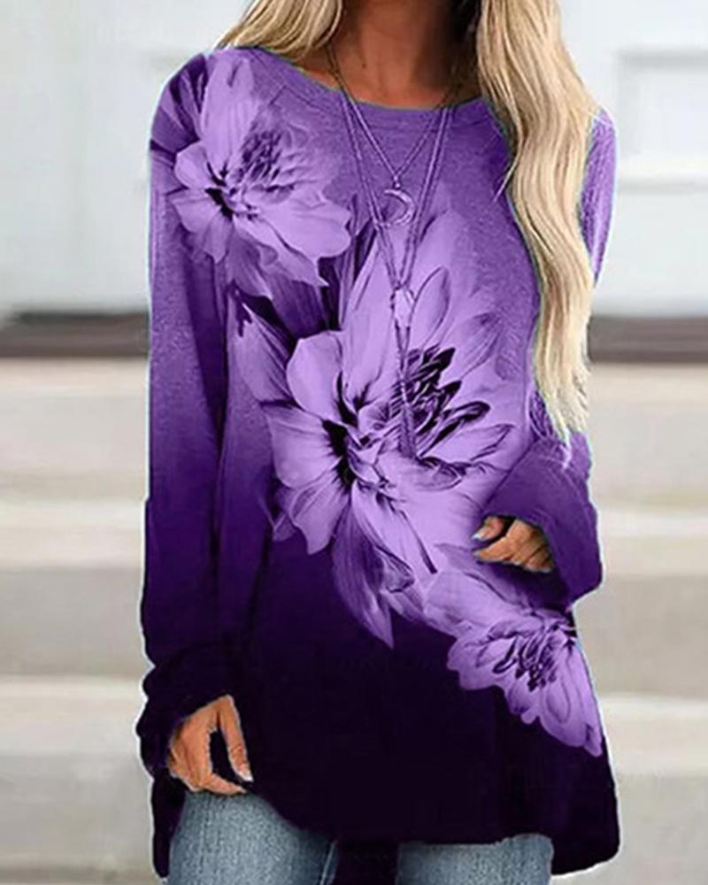

Floral Print Colorblock Long Sleeve Top, Purple