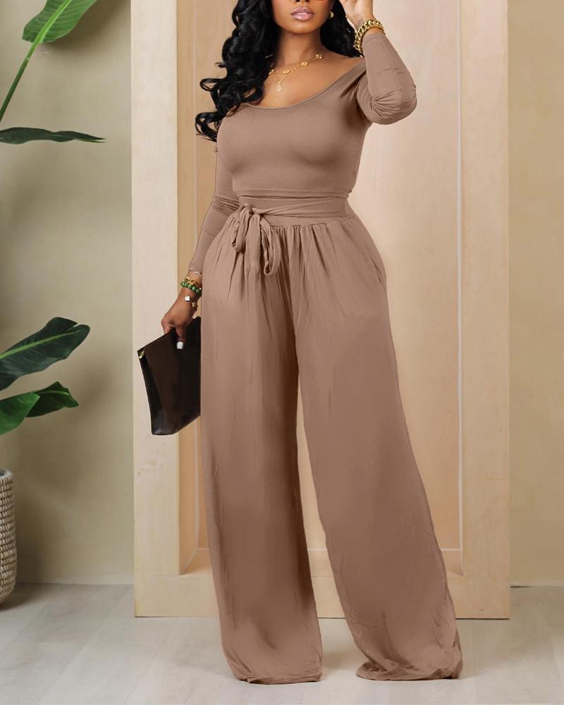 

Crop Top & Tied Detail Wide Leg Pants Set, Brown