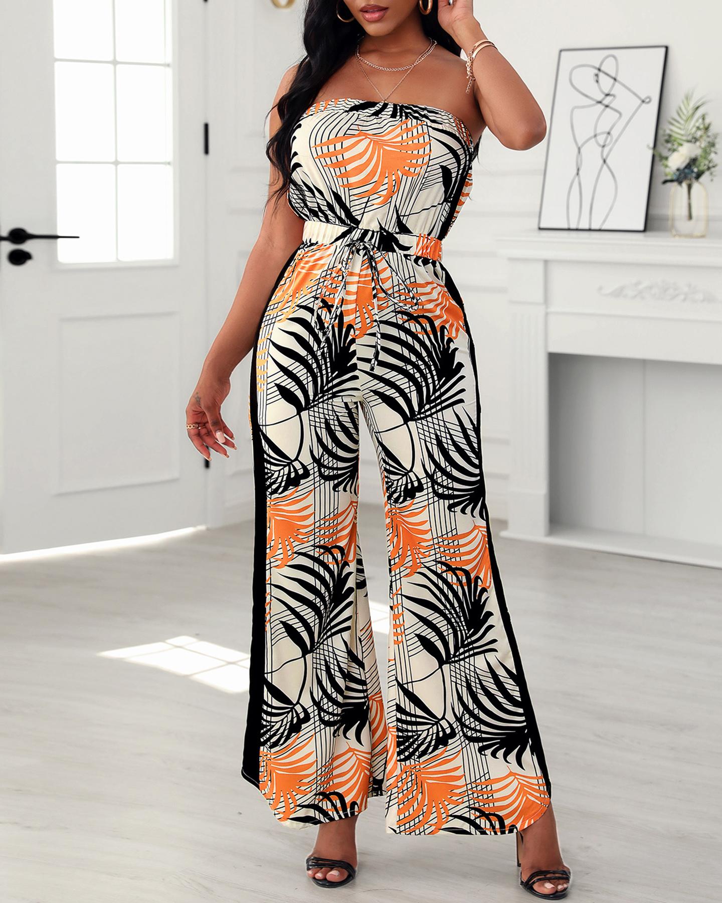 

Tropical Print Bandeau Wide Leg Jumpsuit, Multicolor