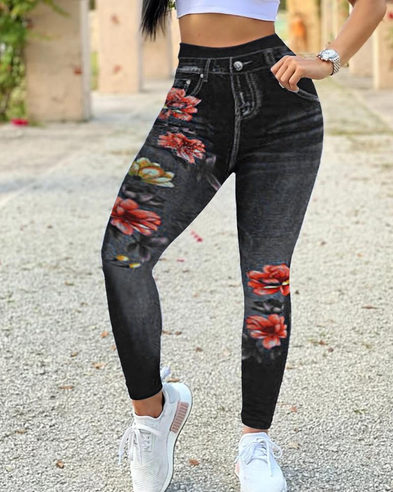 

Solid Color Splicing Floral Print Skinny Pants, Black