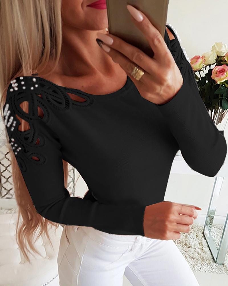 

Beaded Hollow Out Ribbed Blouse, Black