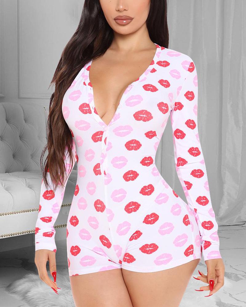 

Lip Letter Print Button Front Long Sleeve Adult Onesie, White