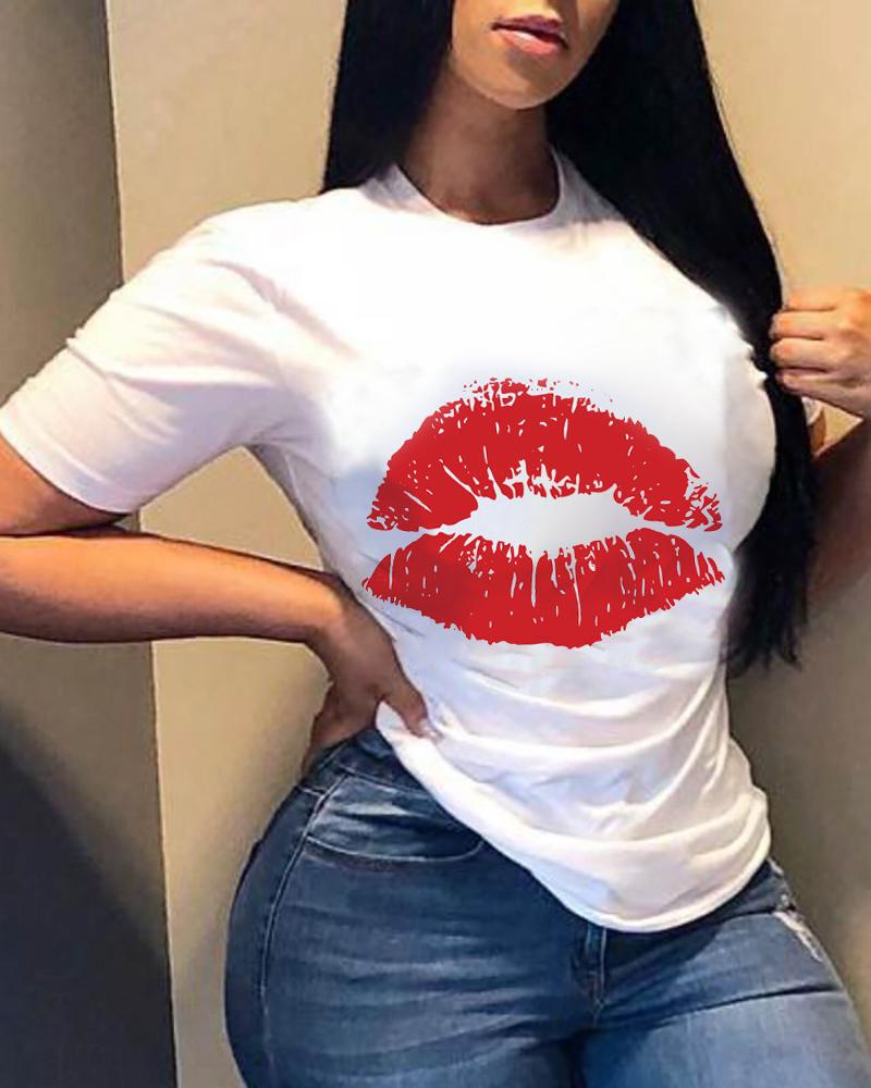 

Lip Print Short Sleeve Casual T-shirt, White