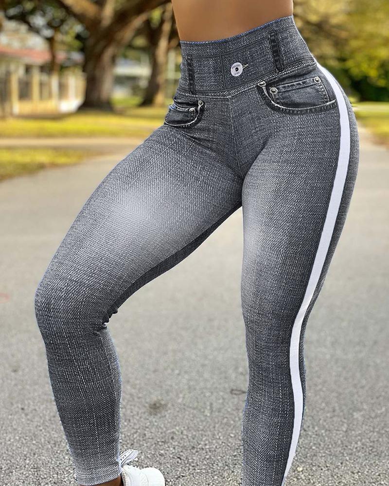 

Denim Look Print High Waist Tummy Control Butt Lift Leggings, Gray
