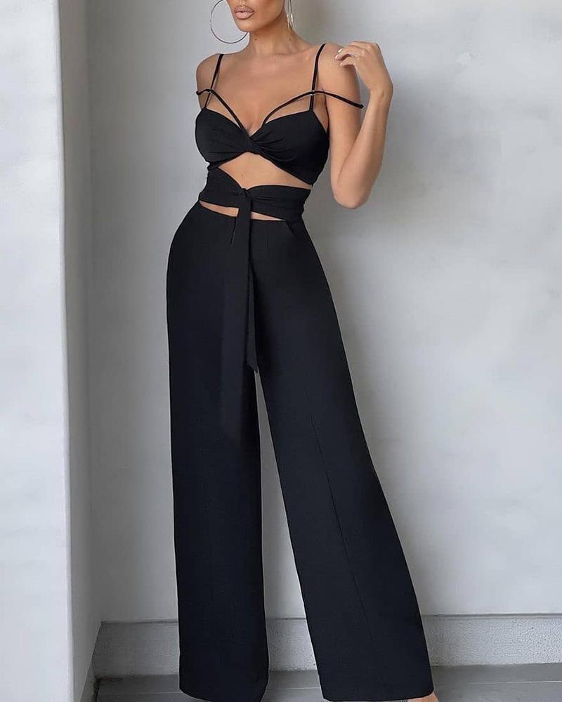 

Cold Shoulder Cutout Tied Detail Wide Leg Jumpsuit, Black