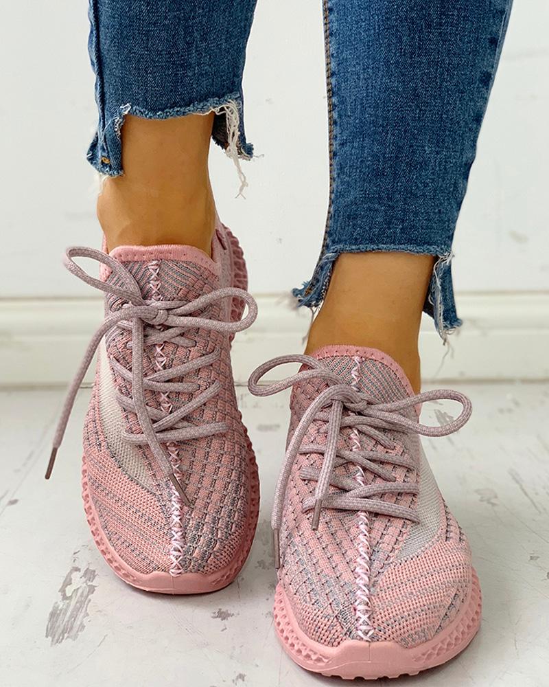 

Net Surface Breathable Lace-Up Sneakers, Pink