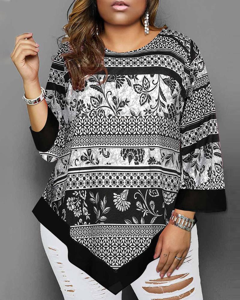 

Plus Size Tribal Print Asymmetrical Hem Top, Black