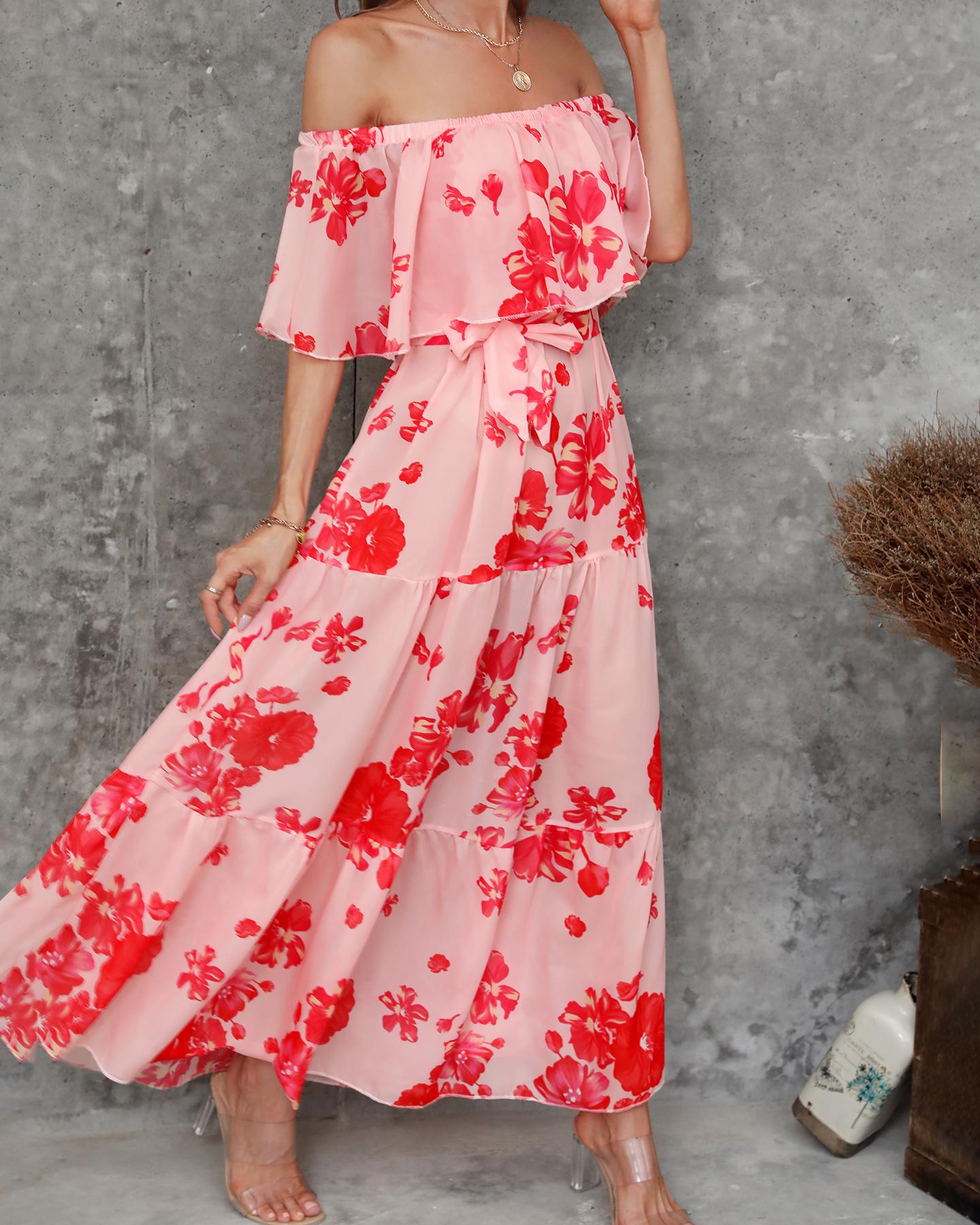 

Floral Layered Sleeve Loose Maxi Dress, Red