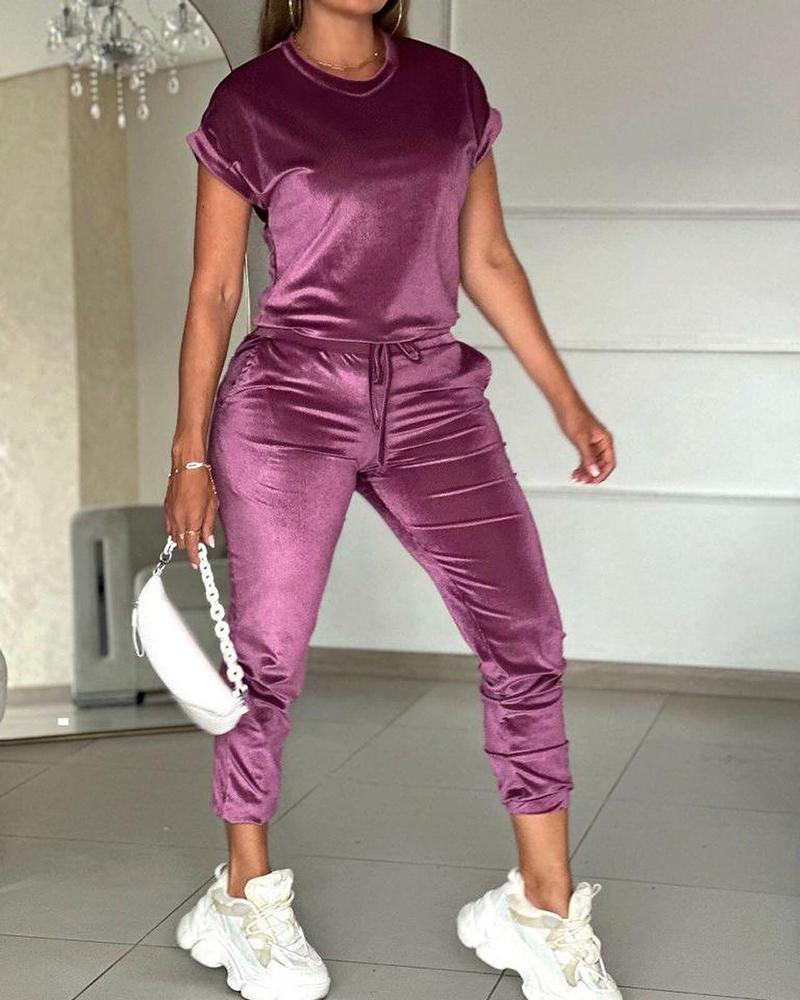 

O-Neck Short Sleeve Top & Drawstring Pants Set, Dark purple