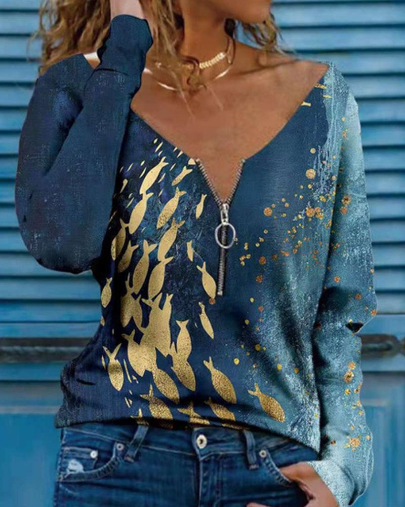 

Floral Print Half Zipper Long Sleeve Top, Style2