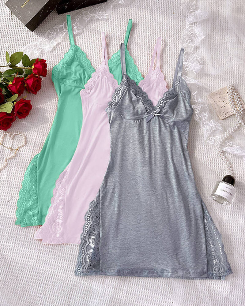 

Lot de 3 pyjamas mignons de couleur unie avec bordure en dentelle, fente latérale, nœud papillon, robe de nuit en modal, Style4