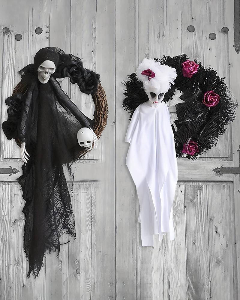 

1pc Halloween Sheer Mesh Skull Ghost Rose Wreath Front Door Decoration, Black