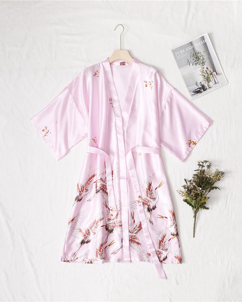 

Crane Print Belted Satin Robe, Pink